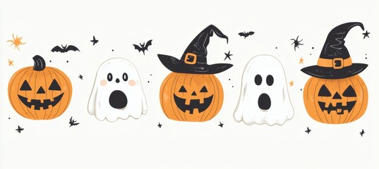 Playful Halloween illustration with cartoon ghosts pumpkins and witch hat on beige background for spooky holiday graphics
