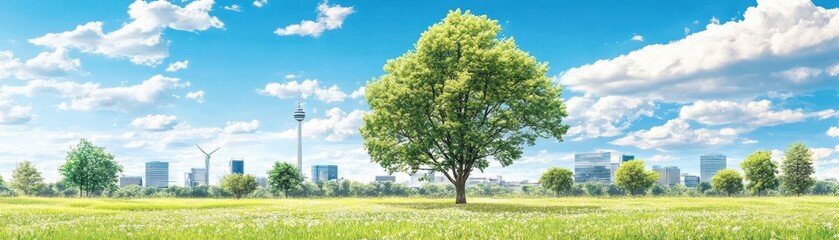 Obraz premium Serene urban oasis, a lone tree's tale in field with cityscape backdrop lone