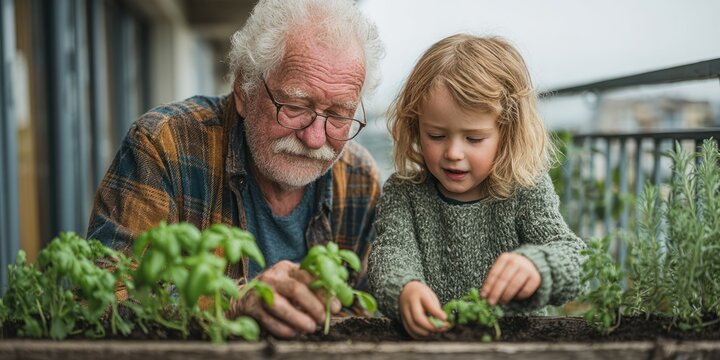 Grandfather and granddaughter planting herbs together on a sunny balcony garden, hands in soil, shared concentration and smiles