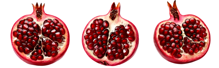 Set of Halved pomegranate showing juicy red seeds and vibrant details, isolated on white transparent background, concept of freshness and nutrition