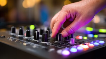 Hand adjusting audio mixer knob. sound engineering and live music performance