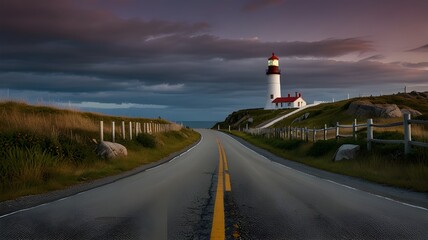 Ground-level view of a road leading towards a lighthouse on the coas