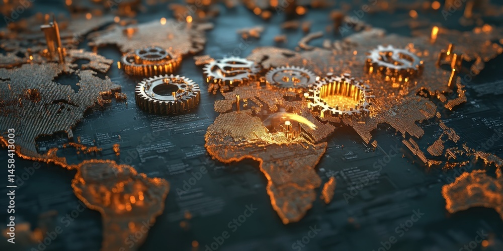 Poster global gears of progress: a detailed and artistic illustration depicts a world map overlaid with int