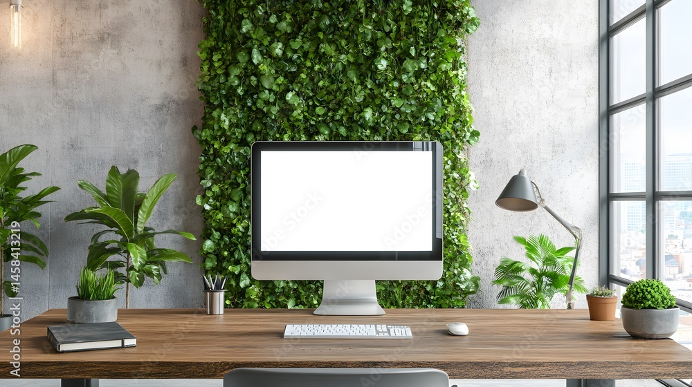 Poster modern workspace with vertical garden and computer monitor.