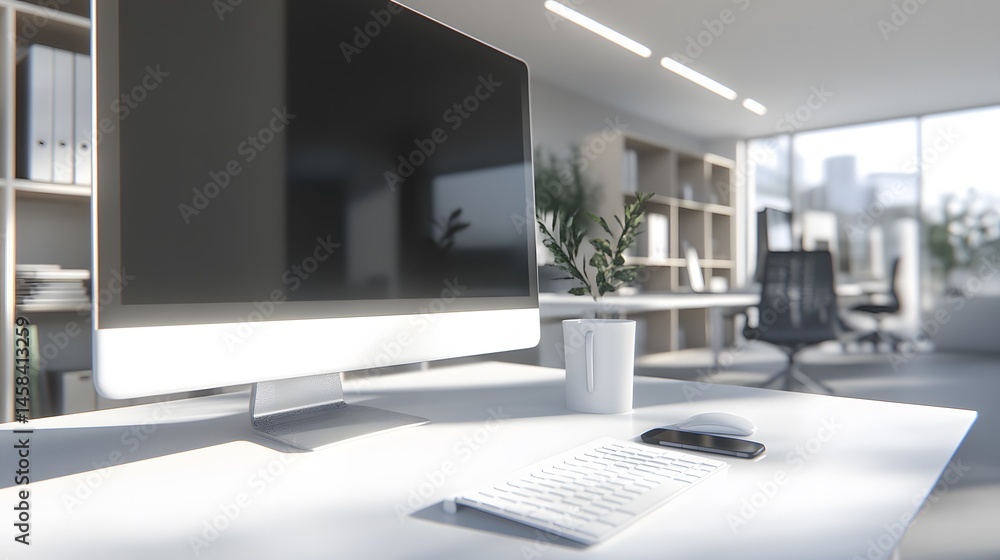Poster modern workspace interior with computer display.