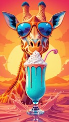 Fototapeta premium Giraffe wearing sunglasses with blue lenses. In front of the giraffe is a large glass with a milkshake. Advertising of dairy products, for banner, calendar, magazine cover