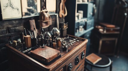 Vintage barber shop setup with scissors and combs on wooden counter under moody nostalgic light