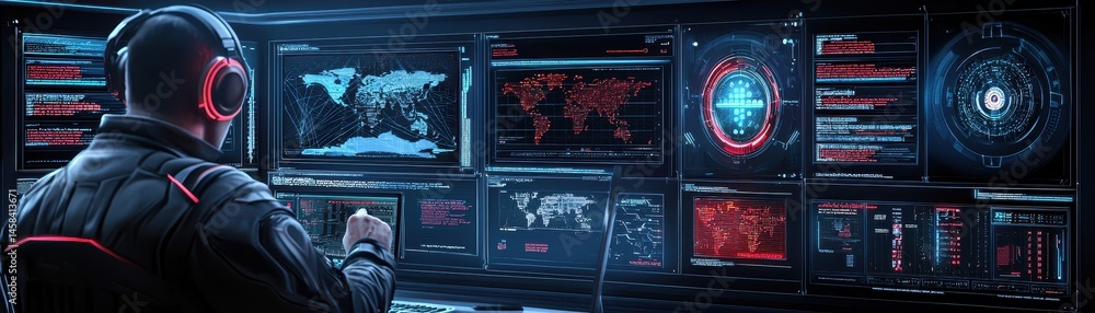 Poster focused professional in business suit analyzes data on computer screen in modern office setting