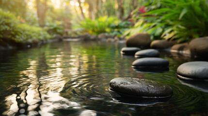 Foot-shaped stones in shallow water with a soft glow, evoking serenity and natural harmony