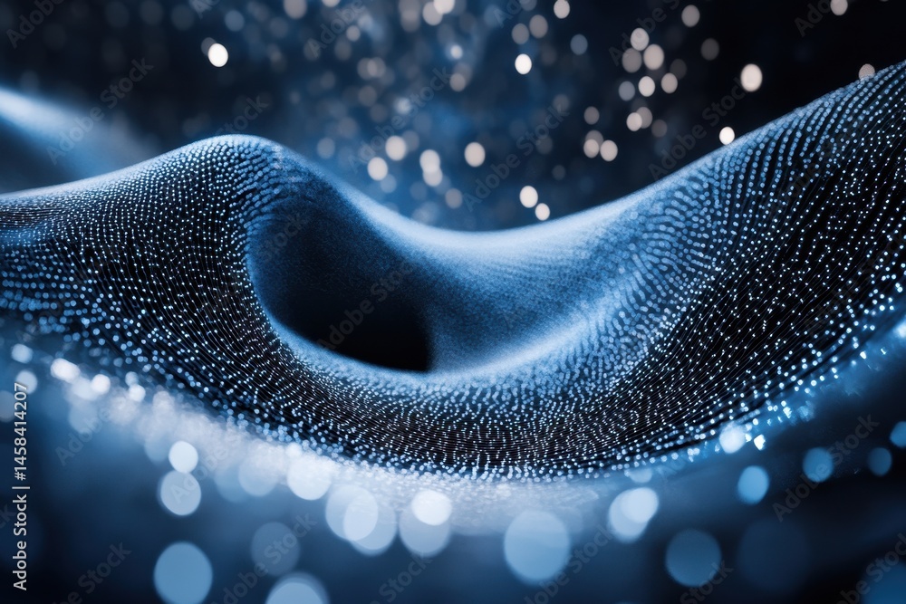 Poster abstract data flow: dynamic digital particles form an undulating, abstract landscape, representing d