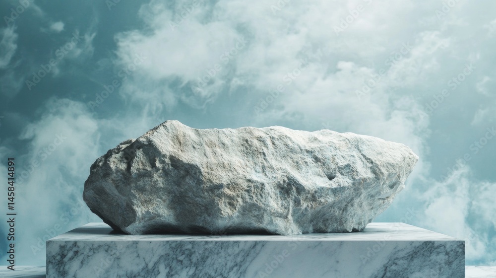 Aufkleber stone floating on platform among clouds in surreal dreamlike minimalistic abstract 3d composition