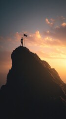 Mountain peak with flag at summit, symbolizing achievement and triumph
