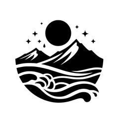 Mystical Mountain Landscape: Black & White Silhouette Logo Design