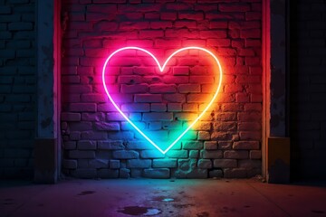 Neon Rainbow Heart on a Brick Wall