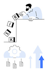Man drops risk blocks into gear, processing challenges into solutions. Below, arrows symbolize progress. Ideal for risk management, decision-making, problem-solving, innovation, strategy success
