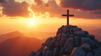 Christian cross on mountain peak at sunset. Spiritual video for Easter, Good Friday, or Christmas. Dramatic sky with divine light. Faith concept