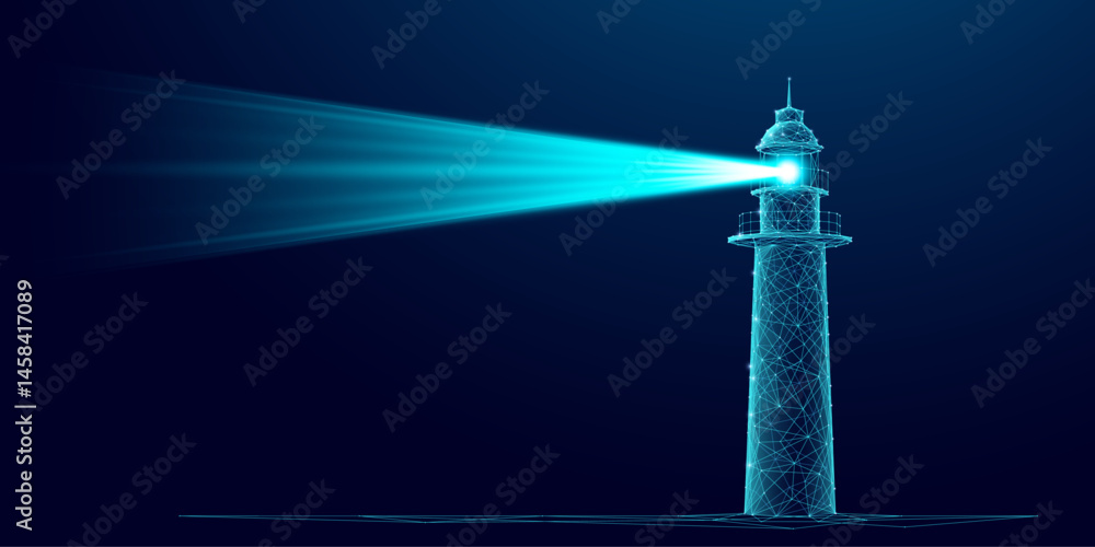 Poster Abstract digital lighthouse with a bright beam on a dark blue technology background in a futuristic style. Guiding light and business vision concept. Low poly wireframe vector illustration.