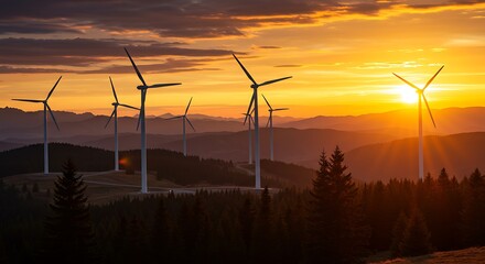 Fototapeta premium Golden hour sunset illuminates wind turbines creating a breathtaking scene of sustainable energy harmony with nature