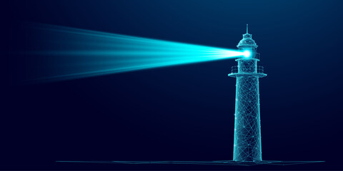 Abstract digital lighthouse with a bright beam on a dark blue technology background in a futuristic style. Guiding light and business vision concept. Low poly wireframe vector illustration.