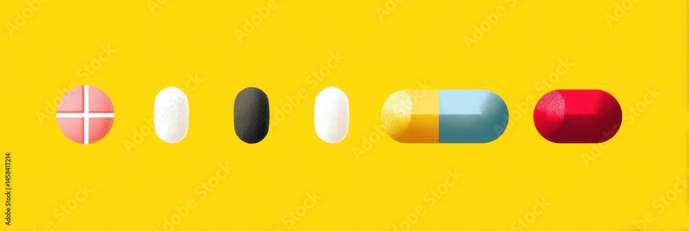 Aufkleber retro medical poster featuring minimal pill layout with vibrant yellow background and diverse pill s