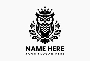 Ornate owl with intricate crown and symmetrical acanthus leaves, heraldic vector emblem for luxury brands