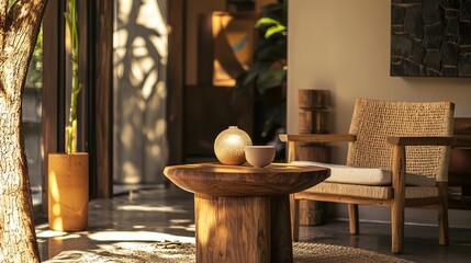 Rustic wood and stone dining table in sunlit modern minimalist interior with earthy natural decor