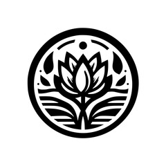 Elegant Lotus Flower Logo in a Circle, Black and White Minimalist Design