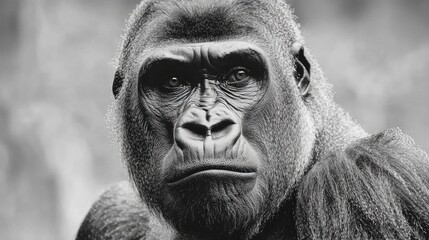 Obraz premium Close-up black and white portrait of a gorilla's intense gaze.