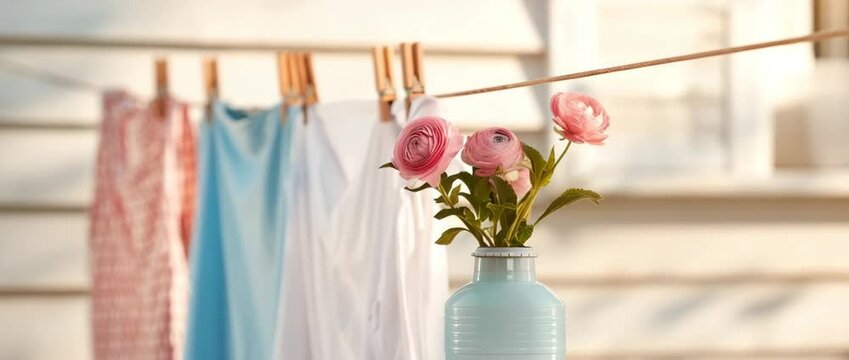  Laundry Day Serenity: Delicate pink flowers in a soft blue vase stand beside freshly laundered clothes hung on a clothesline.