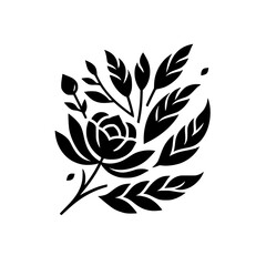 Elegant Floral Silhouette: Black Rose and Leaves, Minimalist Design