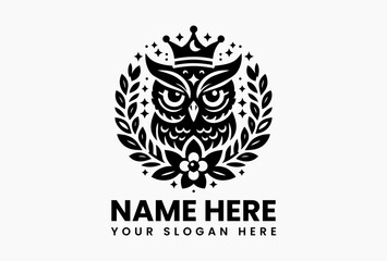 Geometric owl with crescent moon crown and laurel leaves, clean vector logo for eco-conscious brands 