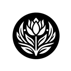 Minimalist Lotus Flower Emblem in Black Circle, Symbol of Purity