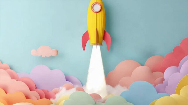 3d yellow rocket rising from colorful clouds, playful startup business concept, rocket launch energy and rising business growth in creative style