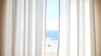 Ocean View Through Sunlit White Curtains in Summer Breeze
