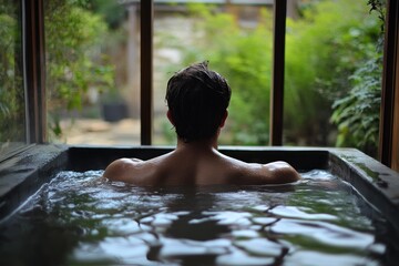 man soaking in hot water, window showing garden view, relaxing mood
