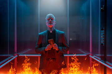 Priest standing in an elevator and going to hell