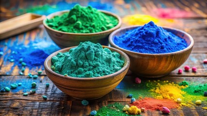 Colorful powders in two separate bowls with vibrant hues of blue and green