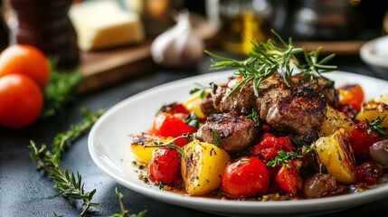 Delicious gourmet meal with grilled steak, potatoes, vegetables and rosemary served on rustic plate