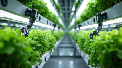 Controlled Vertical Hydroponic Farming System with Lush Green Plants