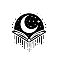 Celestial Story: Book, Moon, Stars, Black & White Logo Design