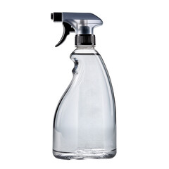 A clear, transparent spray bottle with a metallic gray spray nozzle and handle, isolated on a transparent background