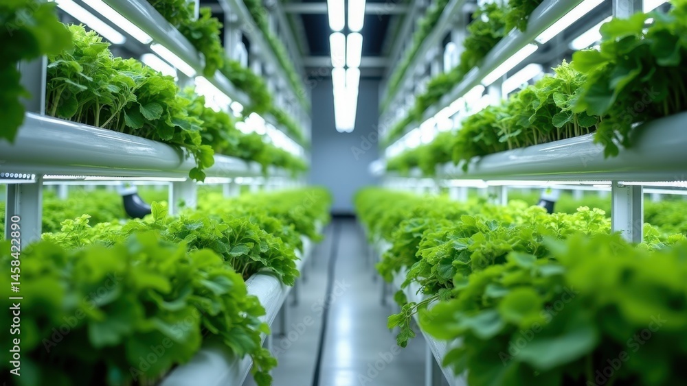 Poster controlled environment vertical hydroponic farming system in action