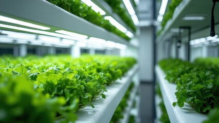 Controlled Environment Vertical Hydroponic Farm Interior with Greens