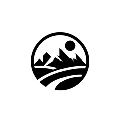 Minimalist Mountain Landscape Logo in Circle, Black and White