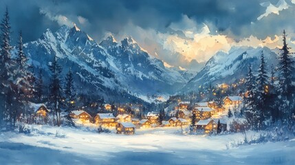 Fototapeta premium Enchanted Winter Village Nestled in Snowy Mountains