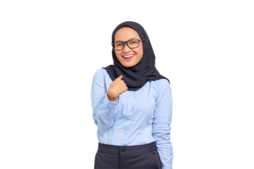 Portrait of smiling young Asian woman pointing at herself with proud isolated on transparent background