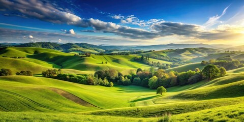 Fototapeta premium A serene landscape with rolling hills and lush greenery stretching as far as the eye can see under a clear blue sky