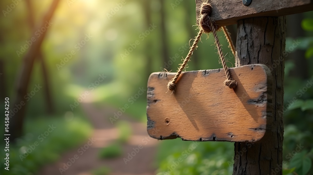 Poster a rustic wooden sign hanging on a tree, set in a serene forest path illuminated by soft sunlight.