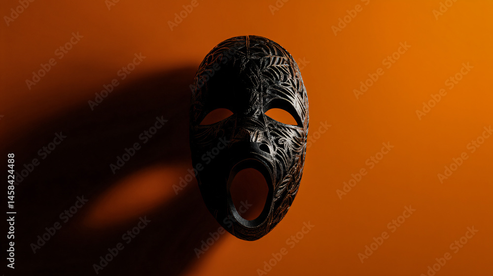 Poster intricate black mask with open sassing and expressive features on a warm orangeness background