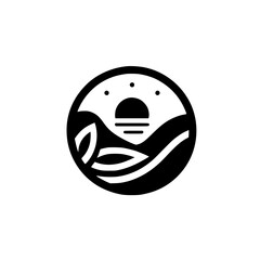 Minimalist Landscape Logo: Sunset, Hills, Leaves. Black and White Circle